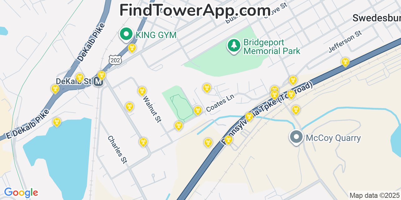 Map showing the 20 primary cell tower locations detected in Bridgeport, Pennsylvania from AT&T, Verizon, and T-Mobile networks