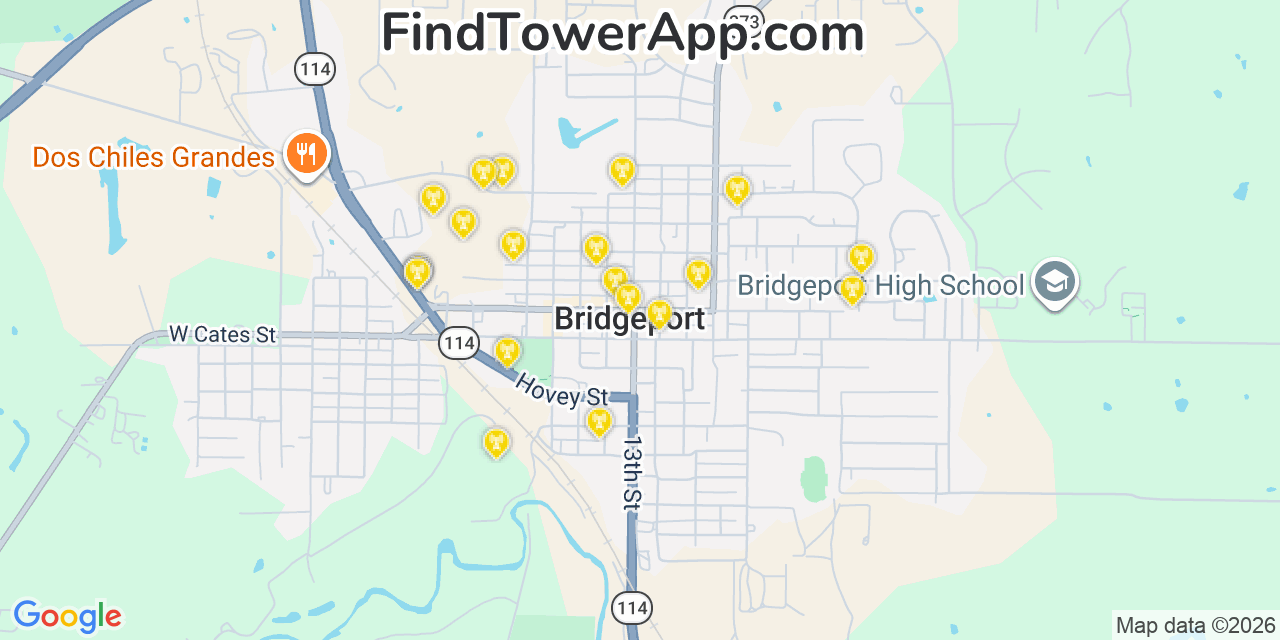 Map showing the 20 primary cell tower locations detected in Bridgeport, Texas from AT&T, Verizon, and T-Mobile networks