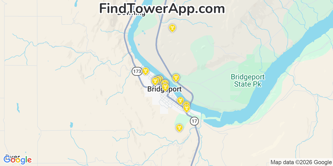 Map showing the 20 primary cell tower locations detected in Bridgeport, Washington from AT&T, Verizon, and T-Mobile networks