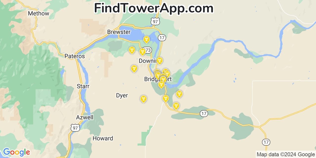 Verizon 4G/5G cell tower coverage map Bridgeport, Washington