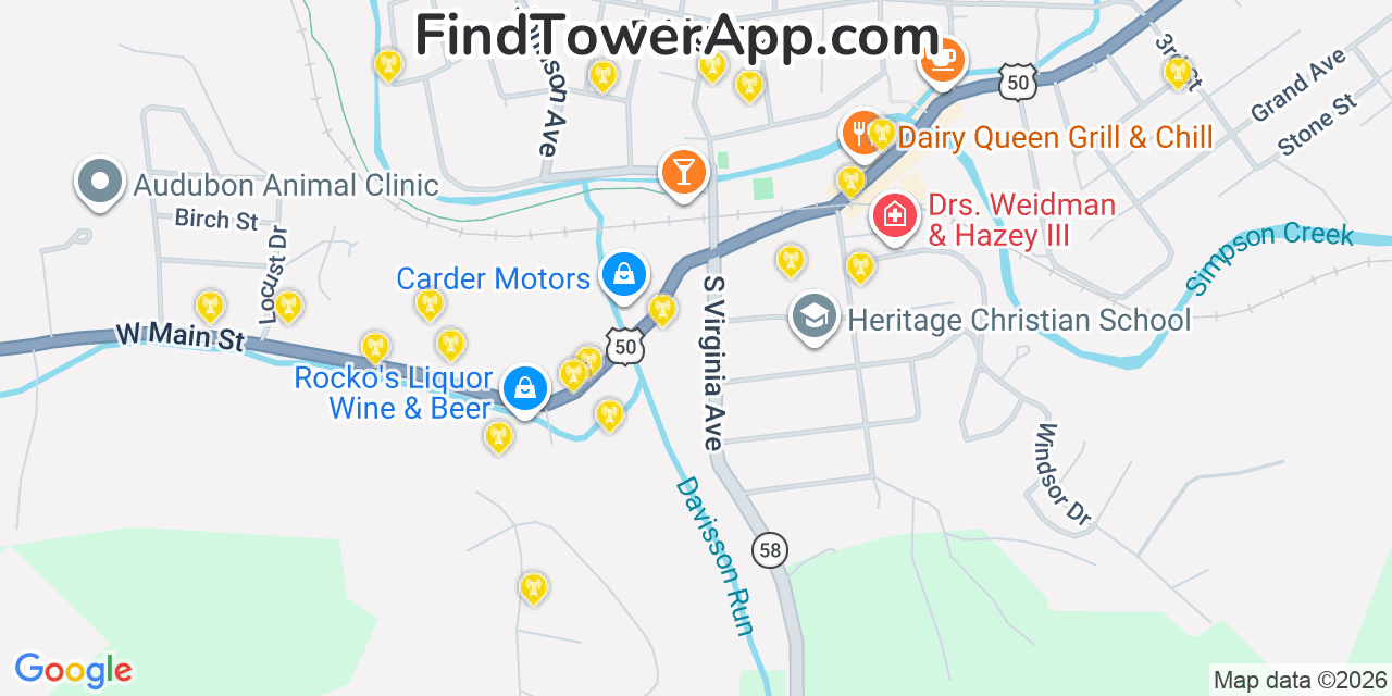 Map showing the 20 primary cell tower locations detected in Bridgeport, West Virginia from AT&T, Verizon, and T-Mobile networks