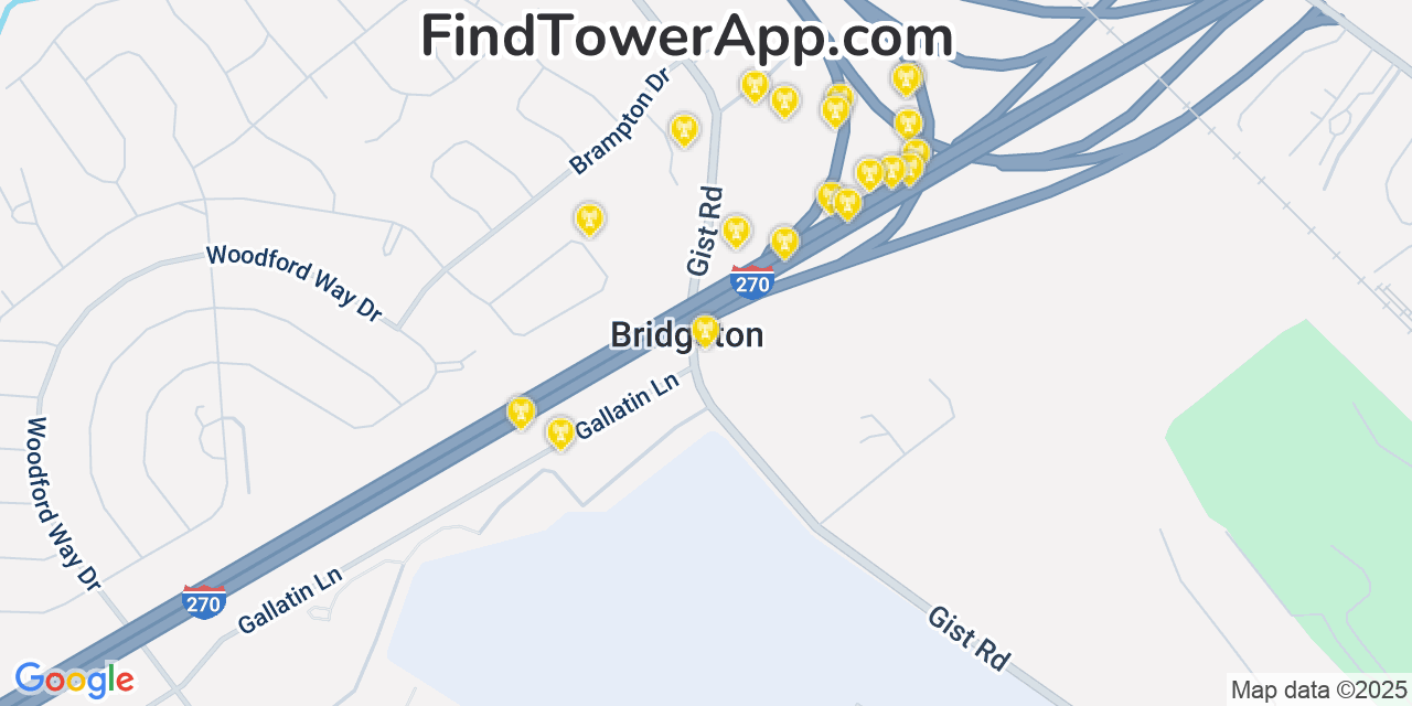 Map showing the 20 primary cell tower locations detected in Bridgeton, Missouri from AT&T, Verizon, and T-Mobile networks