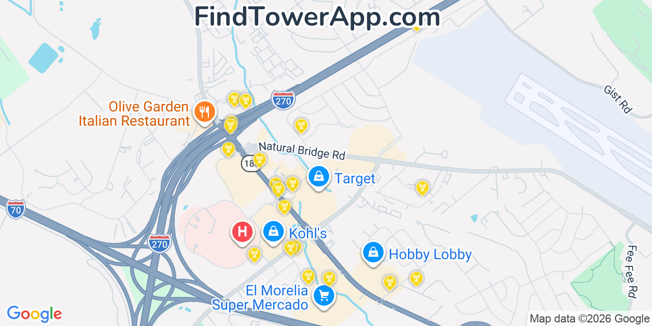 Map showing the 20 primary cell tower locations detected in Bridgeton, Missouri from AT&T, Verizon, and T-Mobile networks