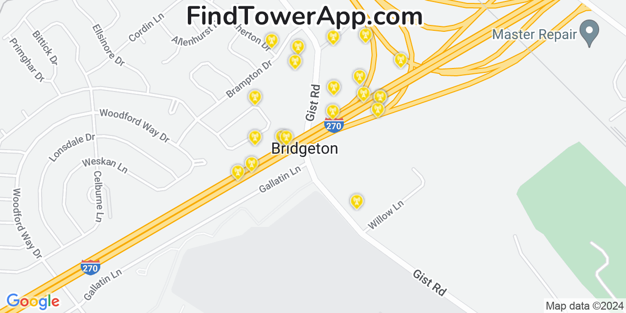 Verizon 4G/5G cell tower coverage map Bridgeton, Missouri