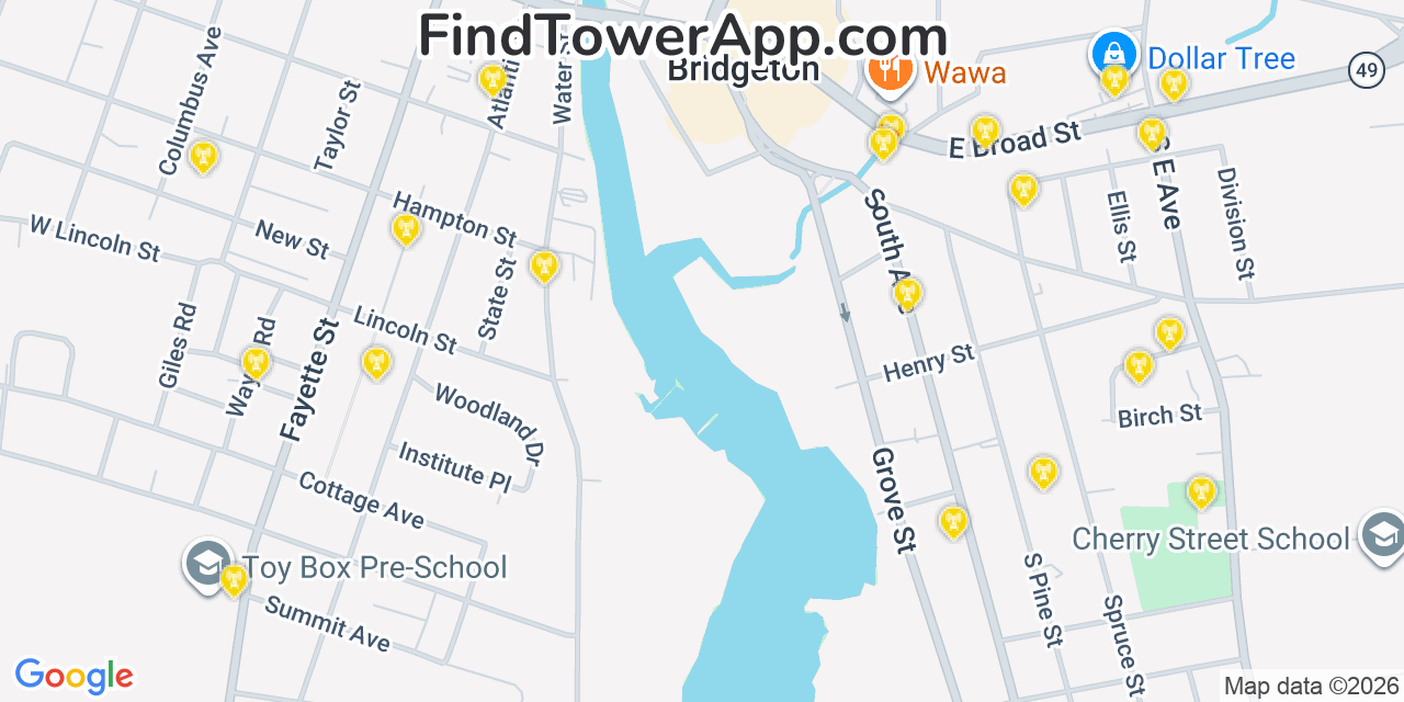 Map showing the 20 primary cell tower locations detected in Bridgeton, New Jersey from AT&T, Verizon, and T-Mobile networks