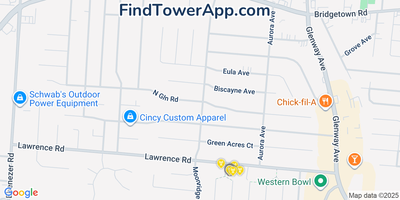Map showing the 20 primary cell tower locations detected in Bridgetown, Ohio from AT&T, Verizon, and T-Mobile networks