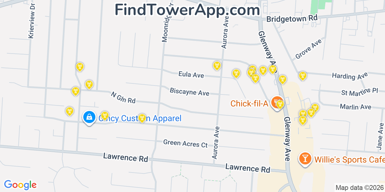 Map showing the 20 primary cell tower locations detected in Bridgetown, Ohio from AT&T, Verizon, and T-Mobile networks
