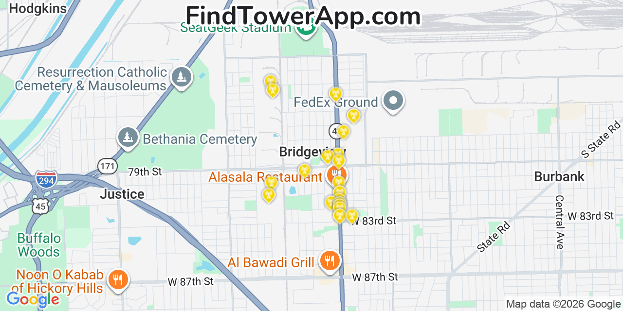 Map showing the 20 primary cell tower locations detected in Bridgeview, Illinois from AT&T, Verizon, and T-Mobile networks