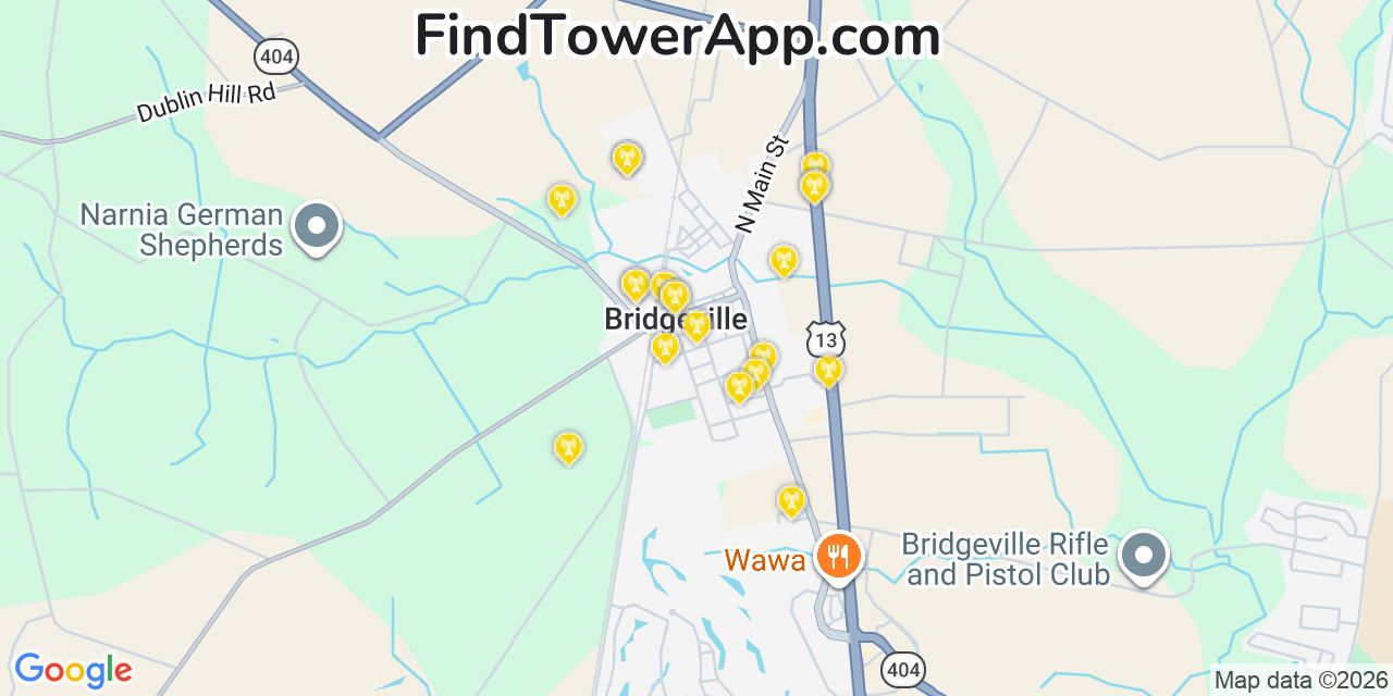 Map showing the 20 primary cell tower locations detected in Bridgeville, Delaware from AT&T, Verizon, and T-Mobile networks