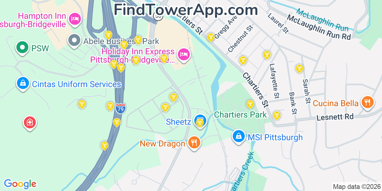 Map showing the 20 primary cell tower locations detected in Bridgeville, Pennsylvania from AT&T, Verizon, and T-Mobile networks