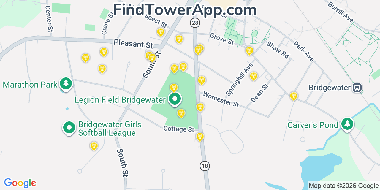 Map showing the 20 primary cell tower locations detected in Bridgewater, Massachusetts from AT&T, Verizon, and T-Mobile networks