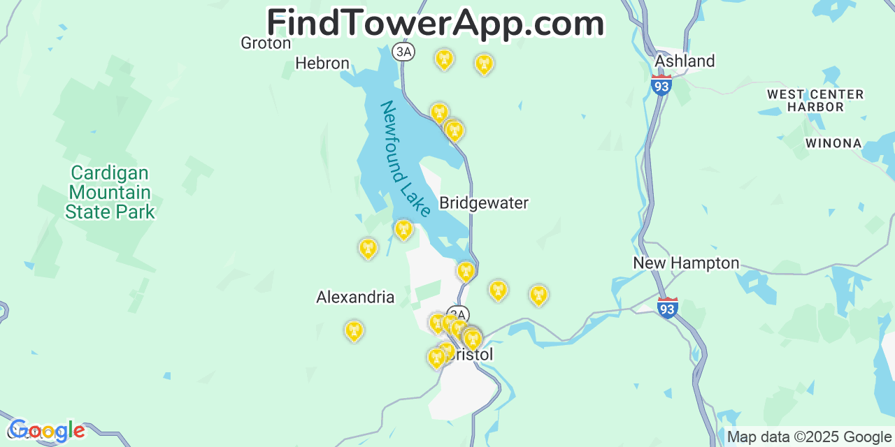 Map showing the 20 primary cell tower locations detected in Bridgewater, New Hampshire from AT&T, Verizon, and T-Mobile networks