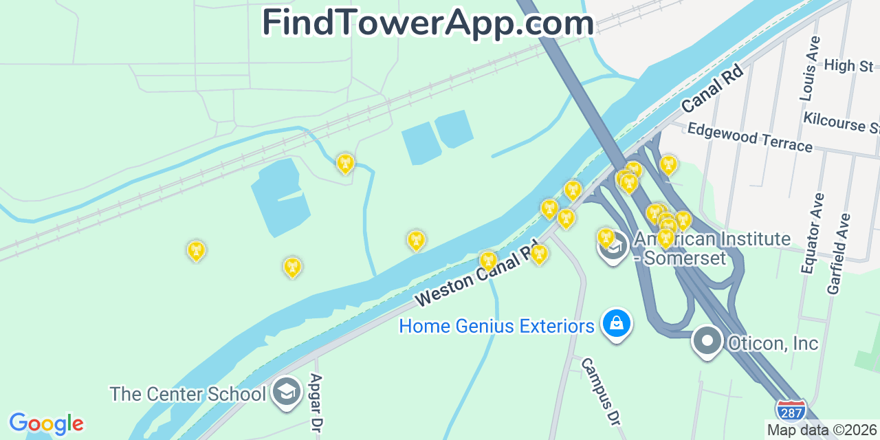 Map showing the 20 primary cell tower locations detected in Bridgewater, New Jersey from AT&T, Verizon, and T-Mobile networks
