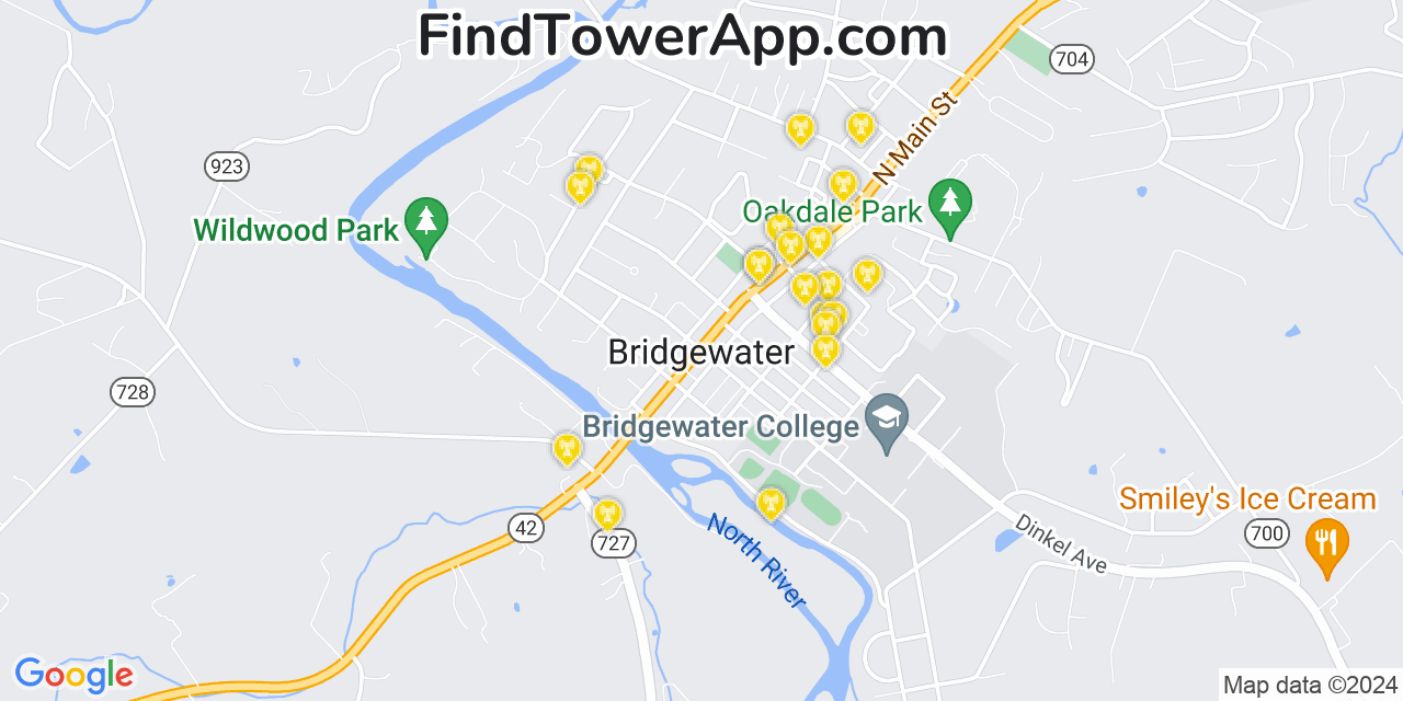 AT&T 4G/5G cell tower coverage map Bridgewater, Virginia