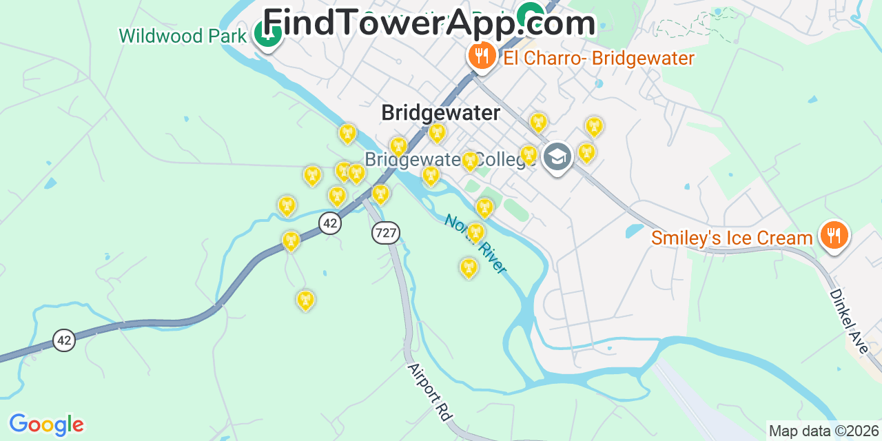 Map showing the 20 primary cell tower locations detected in Bridgewater, Virginia from AT&T, Verizon, and T-Mobile networks