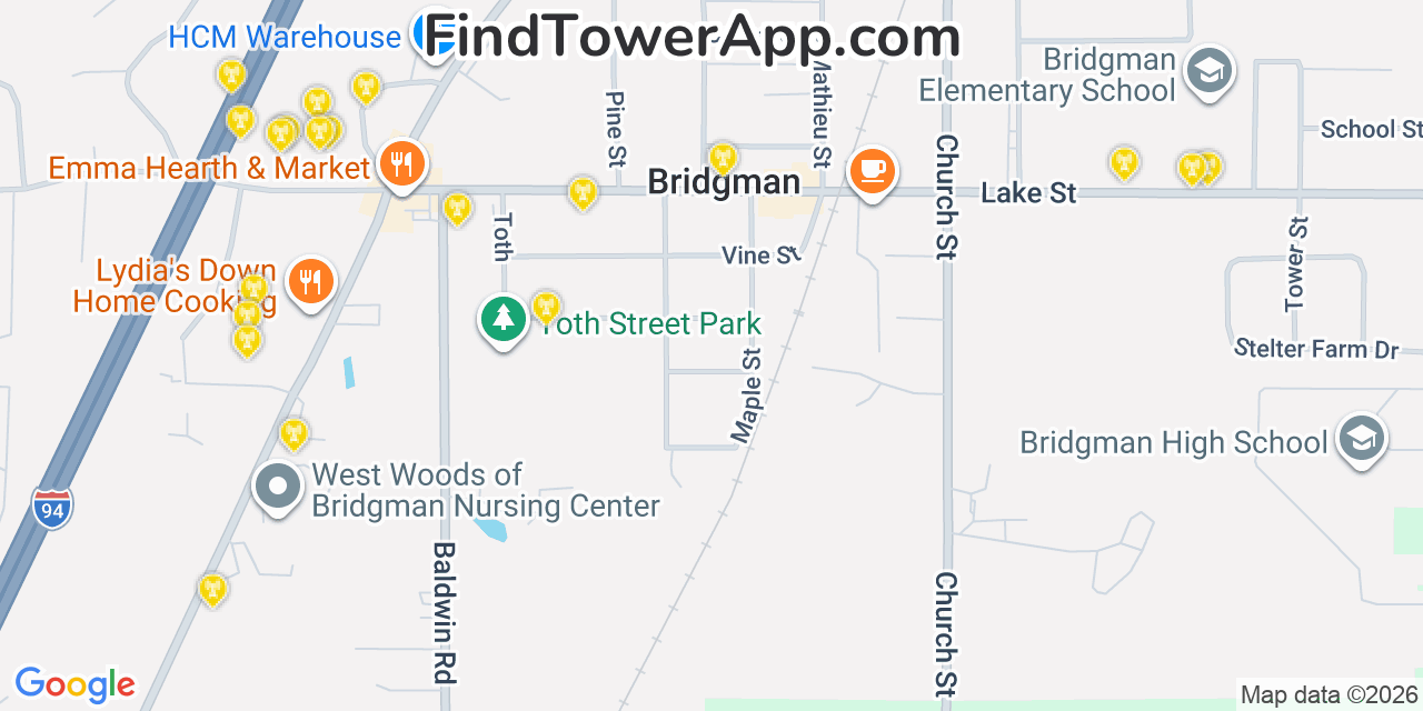Map showing the 20 primary cell tower locations detected in Bridgman, Michigan from AT&T, Verizon, and T-Mobile networks