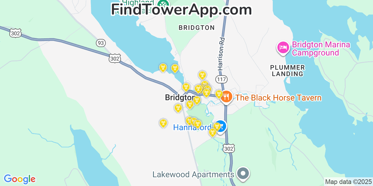 Map showing the 20 primary cell tower locations detected in Bridgton, Maine from AT&T, Verizon, and T-Mobile networks