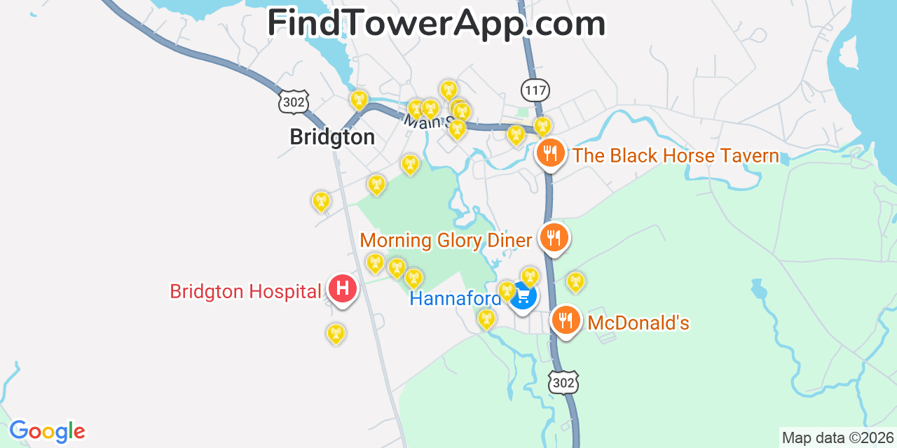 Map showing the 20 primary cell tower locations detected in Bridgton, Maine from AT&T, Verizon, and T-Mobile networks