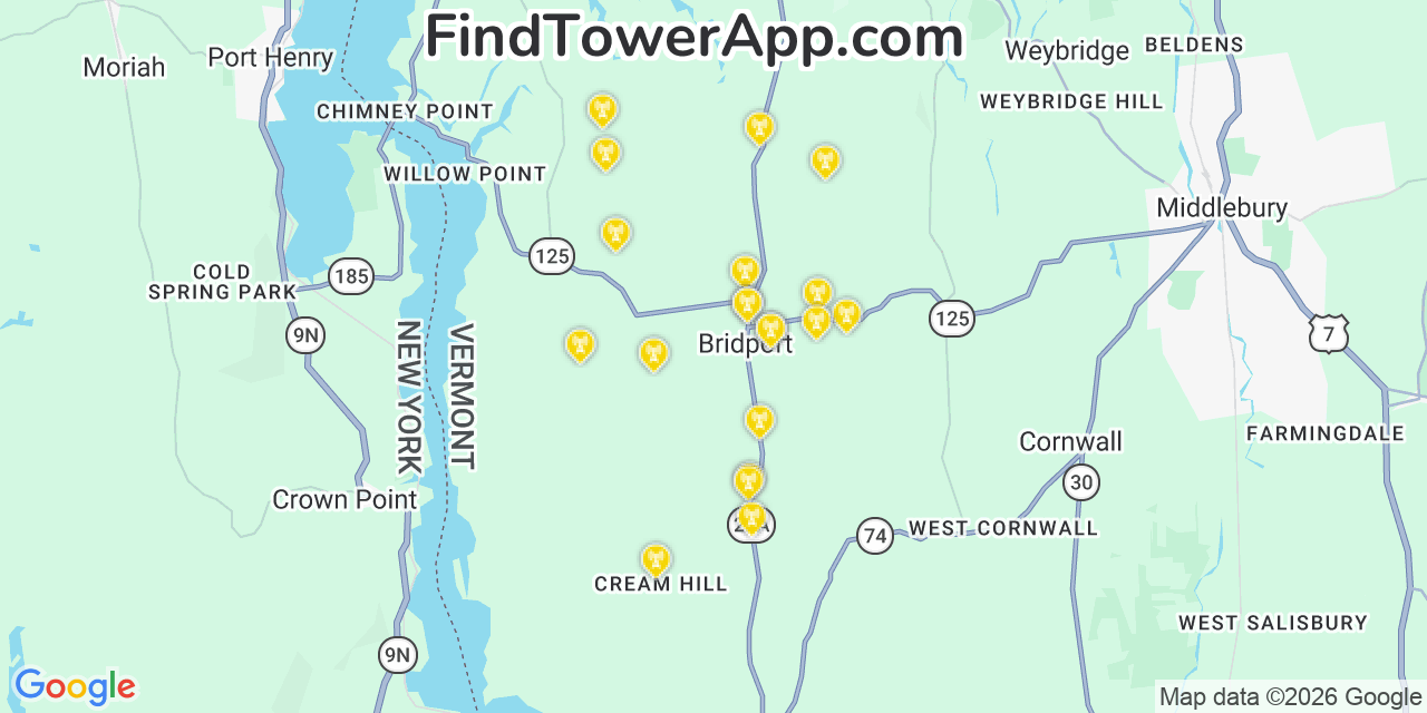 Map showing the 20 primary cell tower locations detected in Bridport, Vermont from AT&T, Verizon, and T-Mobile networks