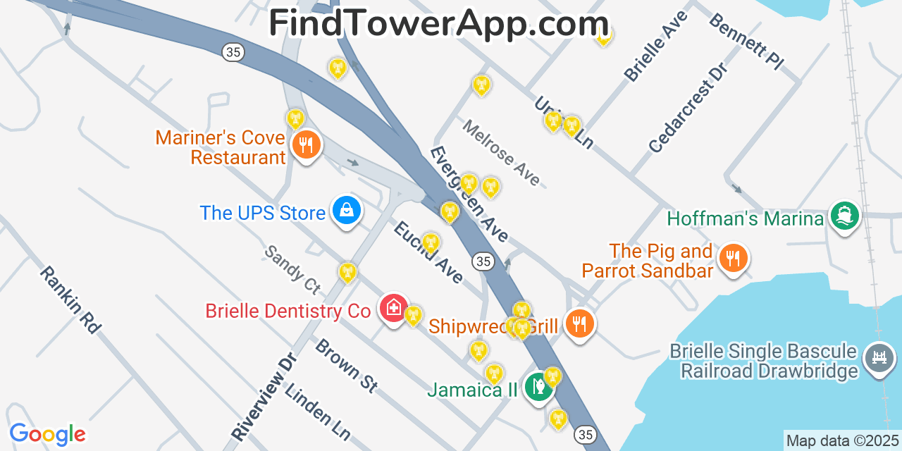 Map showing the 20 primary cell tower locations detected in Brielle, New Jersey from AT&T, Verizon, and T-Mobile networks
