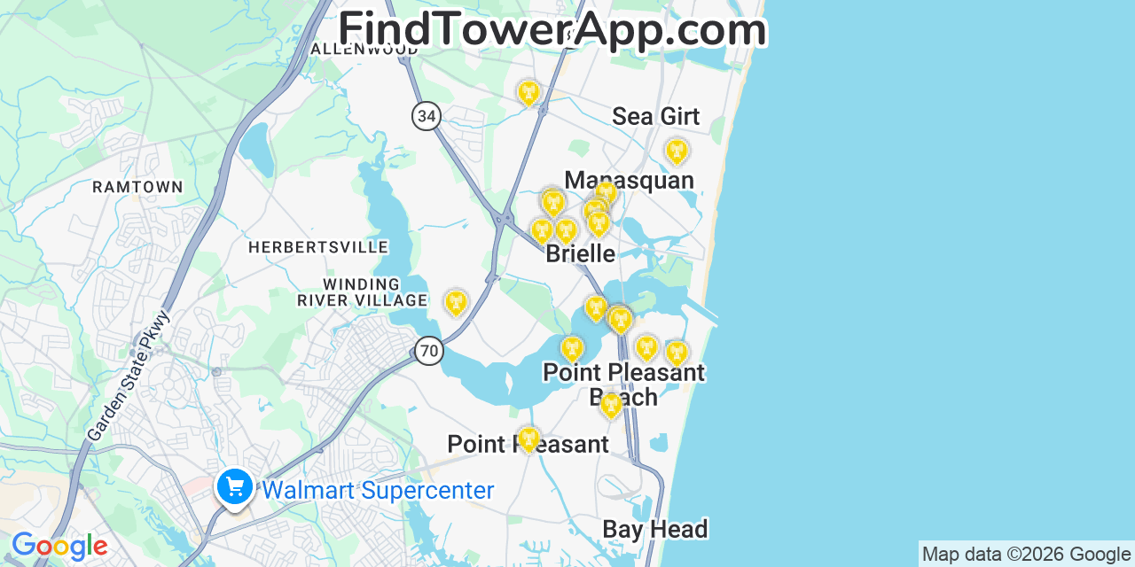 Map showing the 20 primary cell tower locations detected in Brielle, New Jersey from AT&T, Verizon, and T-Mobile networks