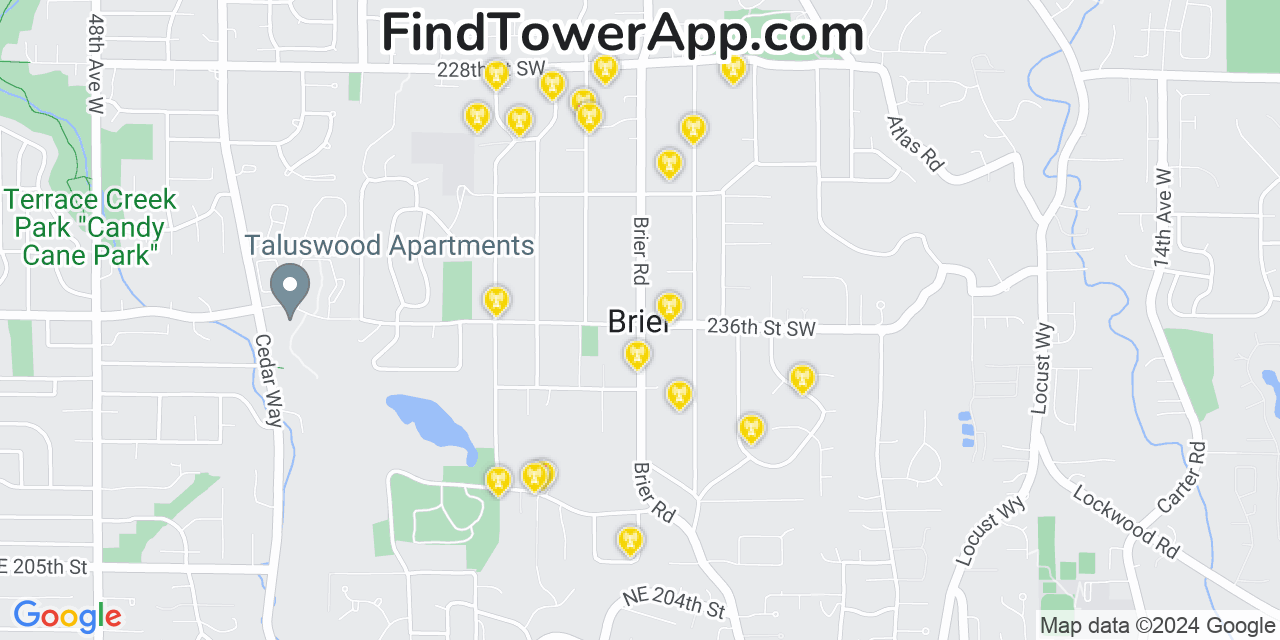 AT&T 4G/5G cell tower coverage map Brier, Washington