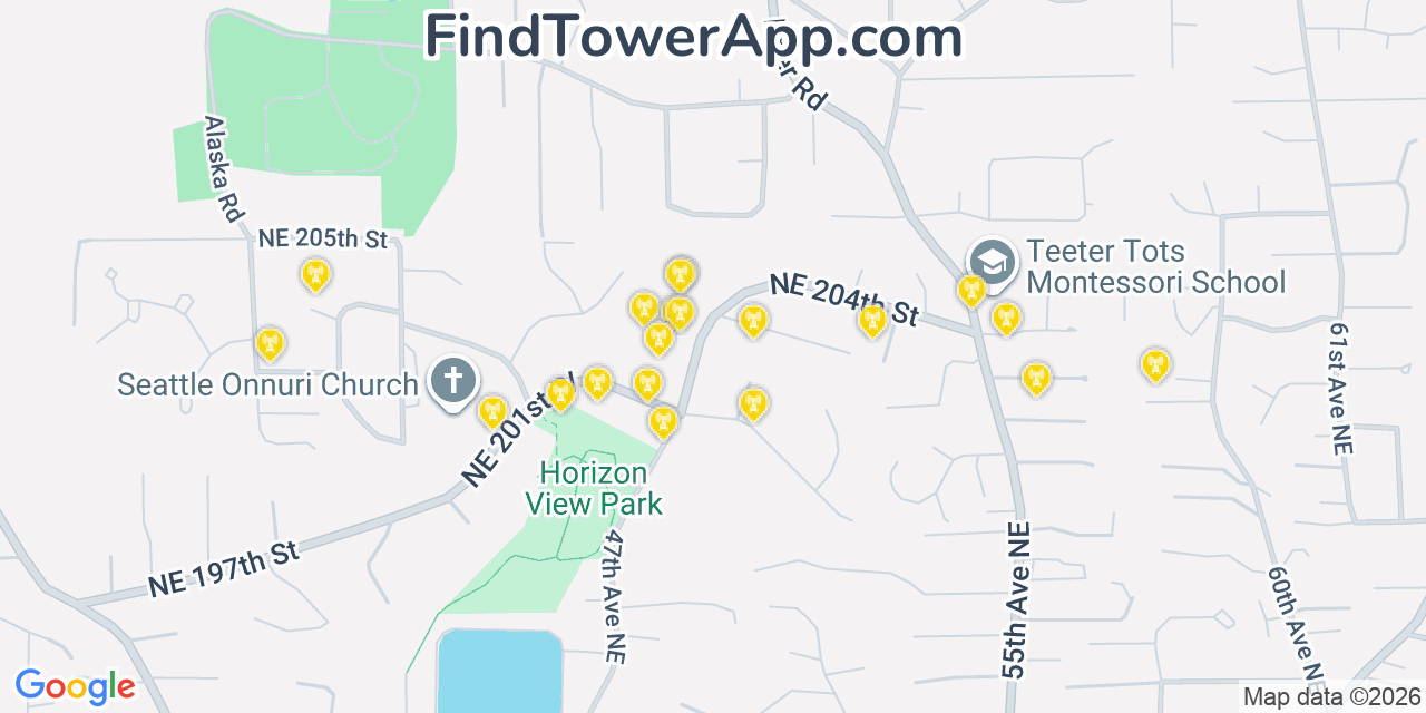 Map showing the 20 primary cell tower locations detected in Brier, Washington from AT&T, Verizon, and T-Mobile networks