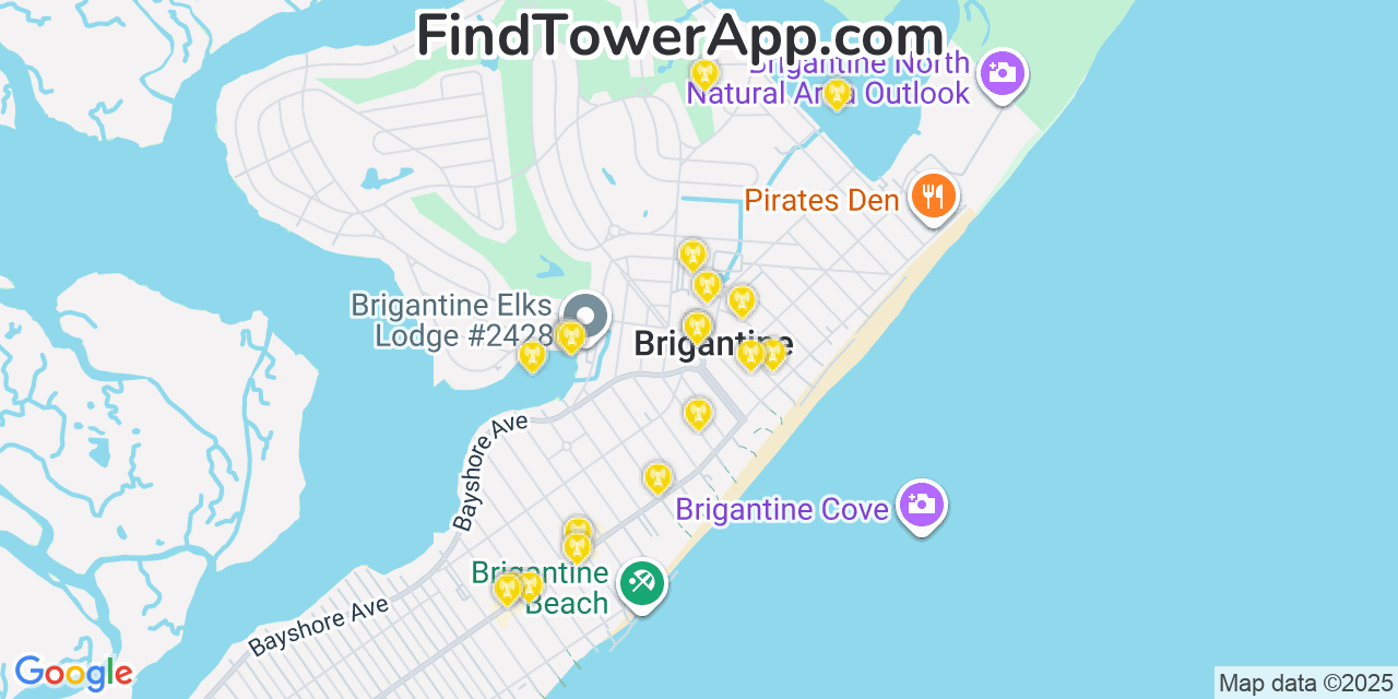 Map showing the 20 primary cell tower locations detected in Brigantine, New Jersey from AT&T, Verizon, and T-Mobile networks
