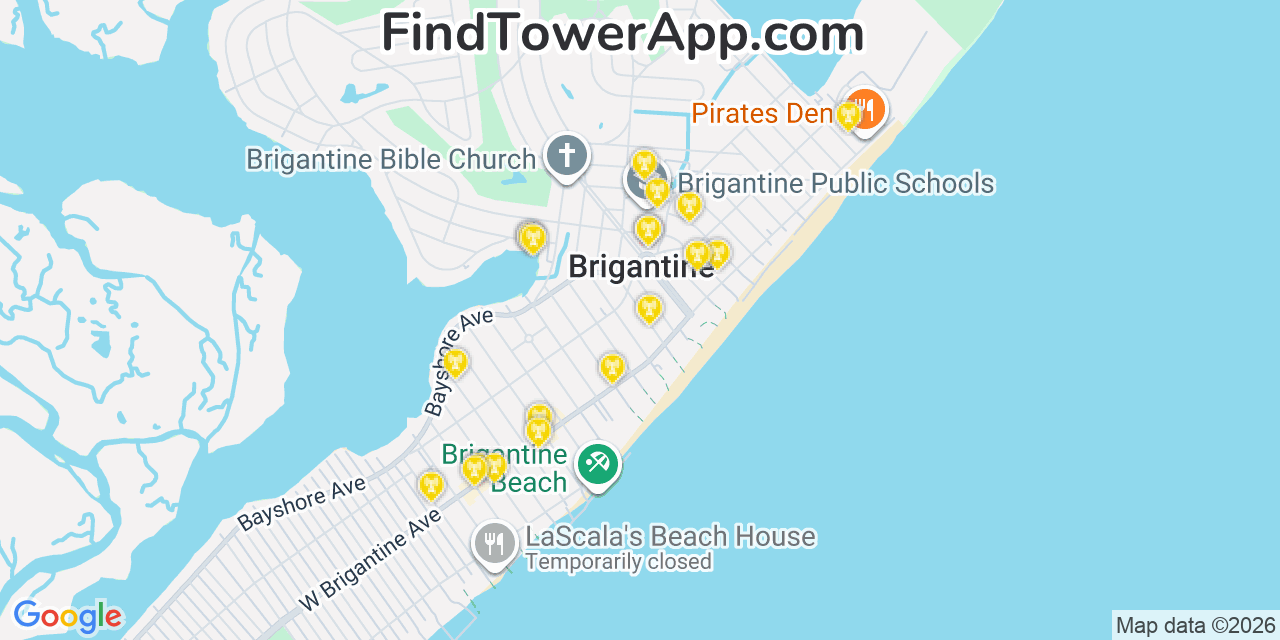 Map showing the 20 primary cell tower locations detected in Brigantine, New Jersey from AT&T, Verizon, and T-Mobile networks