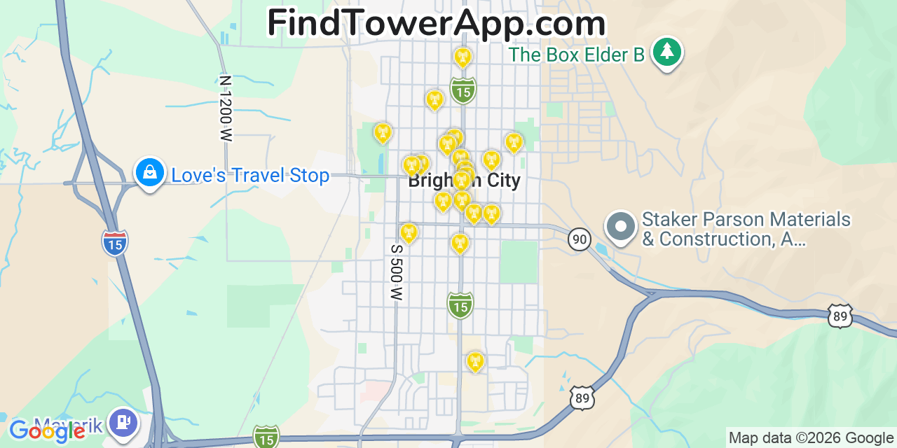 Map showing the 20 primary cell tower locations detected in Brigham City, Utah from AT&T, Verizon, and T-Mobile networks