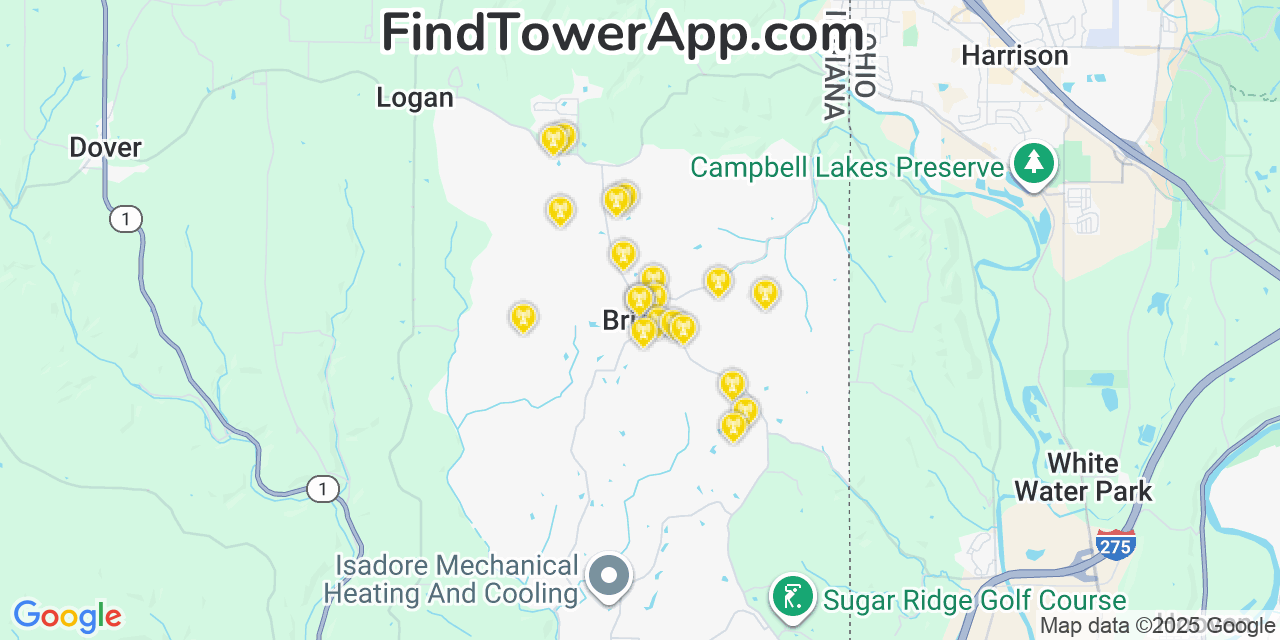 Map showing the 20 primary cell tower locations detected in Bright, Indiana from AT&T, Verizon, and T-Mobile networks