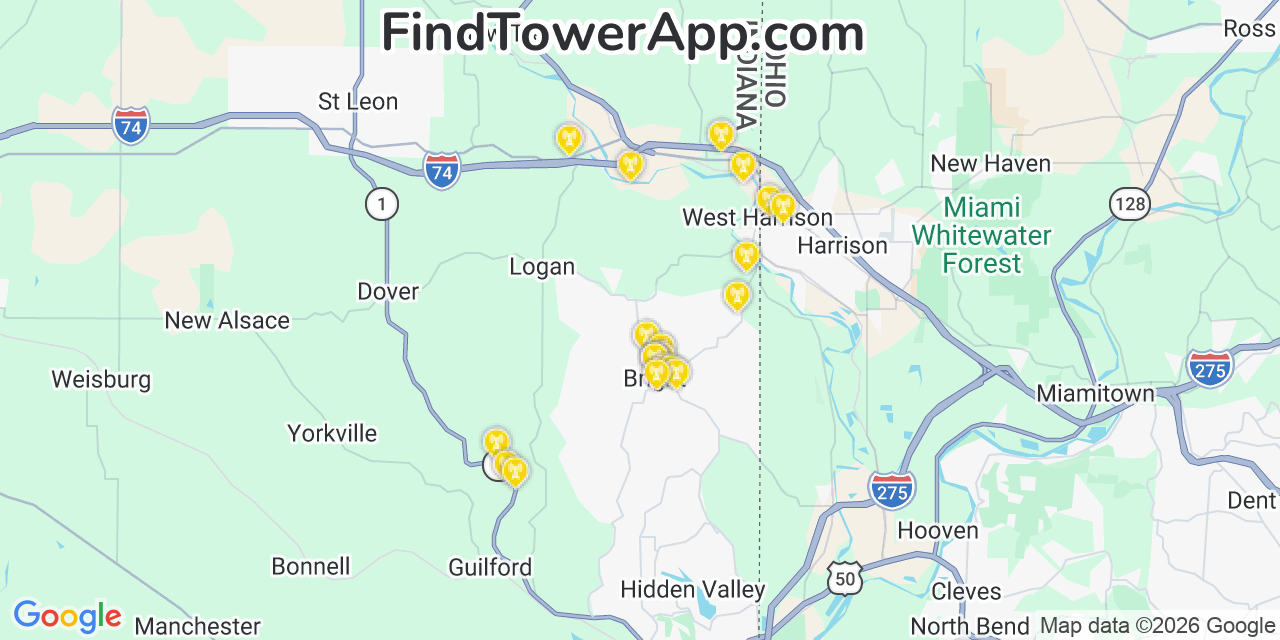 Map showing the 20 primary cell tower locations detected in Bright, Indiana from AT&T, Verizon, and T-Mobile networks