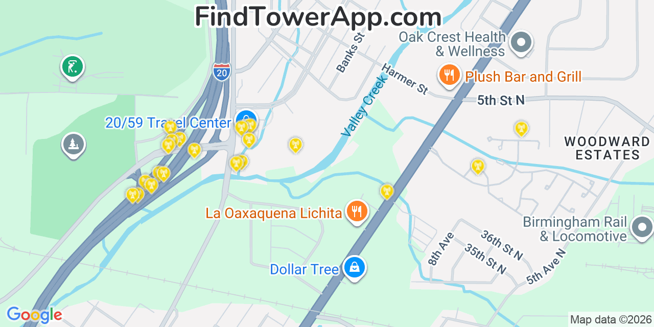 Map showing the 20 primary cell tower locations detected in Brighton, Alabama from AT&T, Verizon, and T-Mobile networks