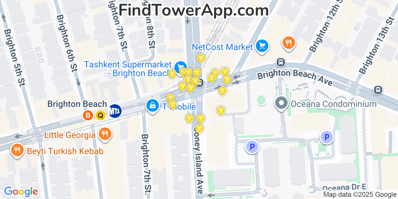Map showing the 20 primary cell tower locations detected in Brighton Beach, New York from AT&T, Verizon, and T-Mobile networks