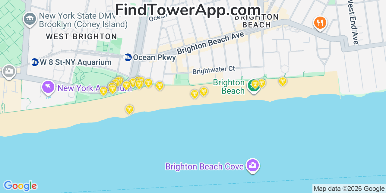 Map showing the 20 primary cell tower locations detected in Brighton Beach, New York from AT&T, Verizon, and T-Mobile networks