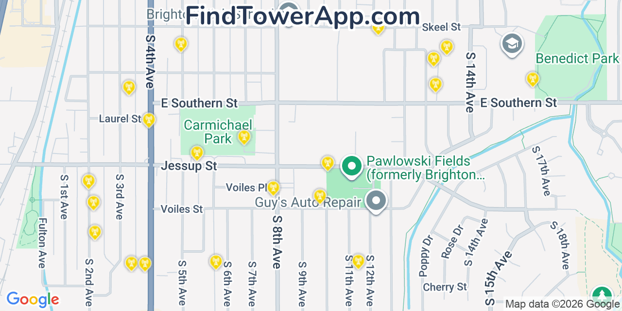 Map showing the 20 primary cell tower locations detected in Brighton, Colorado from AT&T, Verizon, and T-Mobile networks