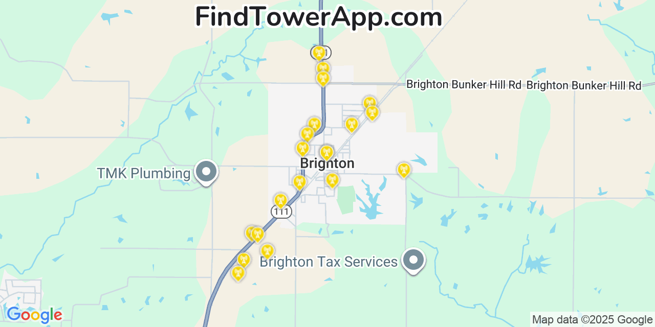 Map showing the 20 primary cell tower locations detected in Brighton, Illinois from AT&T, Verizon, and T-Mobile networks