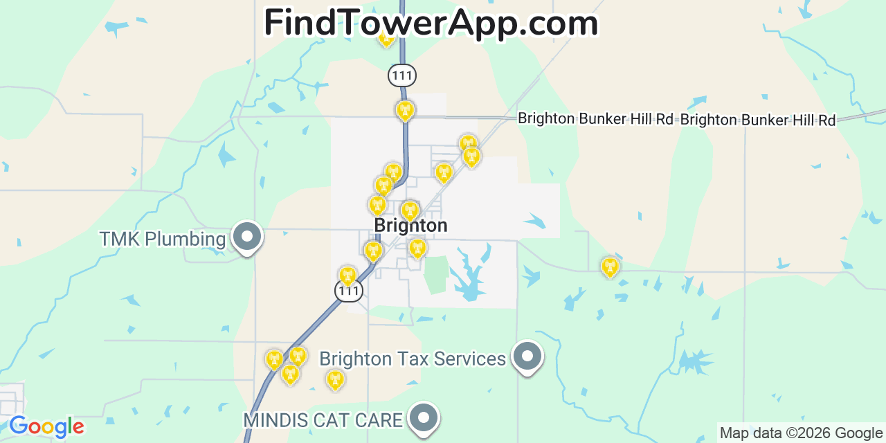 Map showing the 20 primary cell tower locations detected in Brighton, Illinois from AT&T, Verizon, and T-Mobile networks