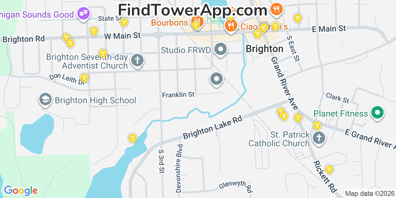 Map showing the 20 primary cell tower locations detected in Brighton, Michigan from AT&T, Verizon, and T-Mobile networks