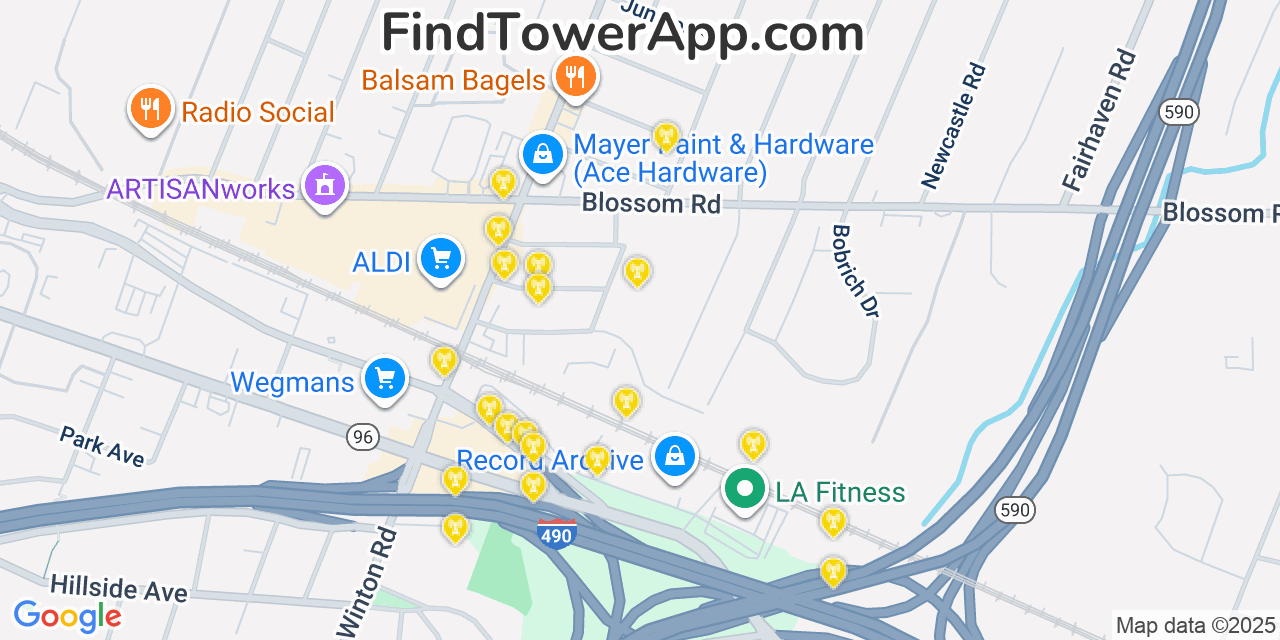 Map showing the 20 primary cell tower locations detected in Brighton, New York from AT&T, Verizon, and T-Mobile networks