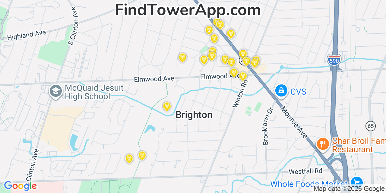 Map showing the 20 primary cell tower locations detected in Brighton, New York from AT&T, Verizon, and T-Mobile networks