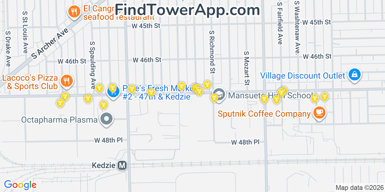 Map showing the 20 primary cell tower locations detected in Brighton Park, Illinois from AT&T, Verizon, and T-Mobile networks
