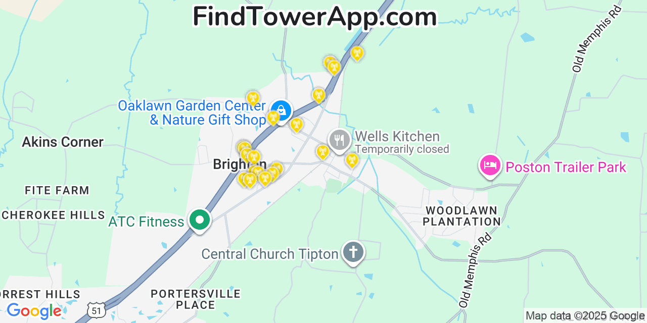 Map showing the 20 primary cell tower locations detected in Brighton, Tennessee from AT&T, Verizon, and T-Mobile networks