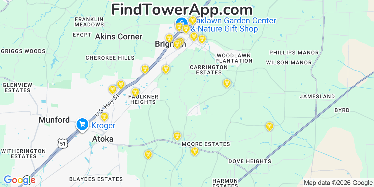Map showing the 20 primary cell tower locations detected in Brighton, Tennessee from AT&T, Verizon, and T-Mobile networks