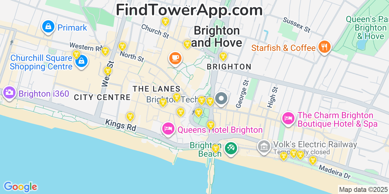 Map showing the 20 primary cell tower locations detected in Brighton, United Kingdom with coverage areas and signal strength