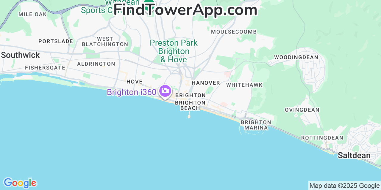 Map showing the 0 primary Three cell tower locations detected in Brighton, United Kingdom with coverage radius and signal strength indicators