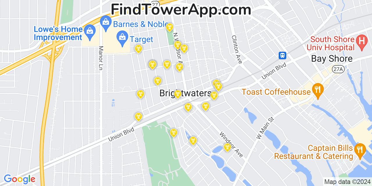 AT&T 4G/5G cell tower coverage map Brightwaters, New York