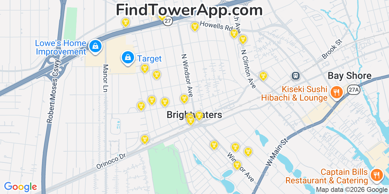 Map showing the 20 primary cell tower locations detected in Brightwaters, New York from AT&T, Verizon, and T-Mobile networks