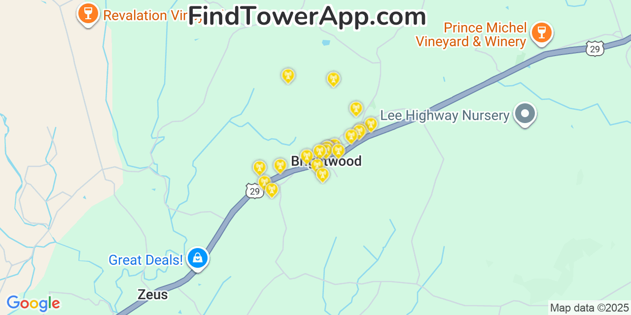 Map showing the 20 primary cell tower locations detected in Brightwood, Virginia from AT&T, Verizon, and T-Mobile networks