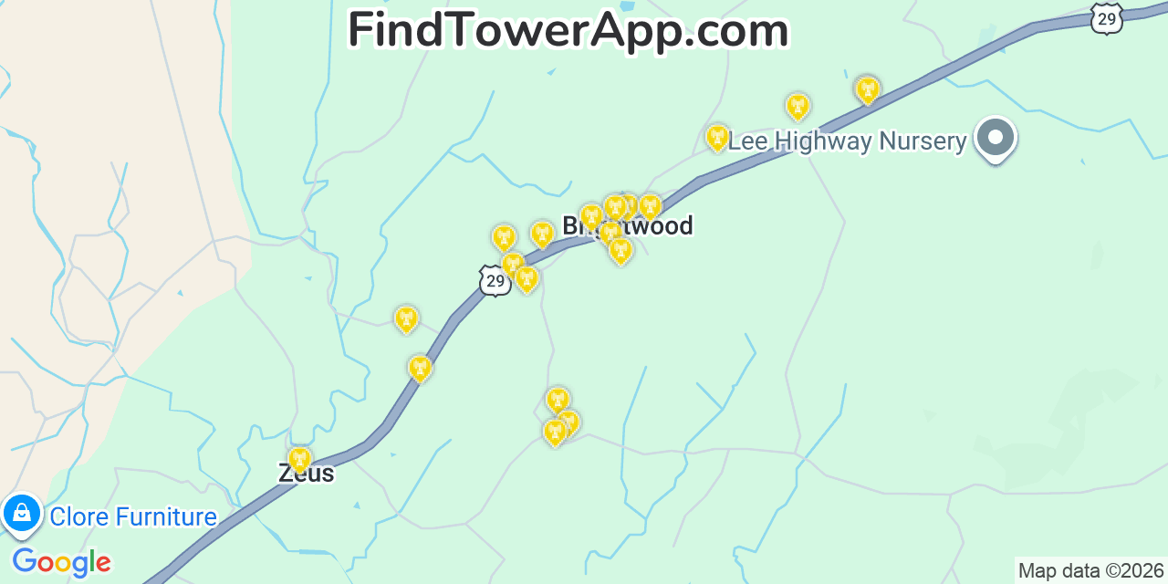 Map showing the 20 primary cell tower locations detected in Brightwood, Virginia from AT&T, Verizon, and T-Mobile networks